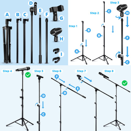 Microphone Stand 2 Pack, Bietrun Tripod Mic Stand Adjustable Boom Height, with Carry Bag & Mic Clips, Detachable Boom Mic Stand for Singing Performance Wedding Stage Church