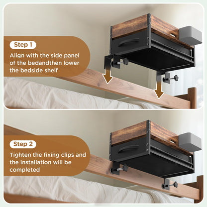 2 Tier Bedside Shelf for Dorm Bunk Bed, Clip On Nightstand with Fabric Drawer & Storage Box, Bed Side Table Tray Organizer, Bedside Tray with Cable Management for Dormitory, Back to School