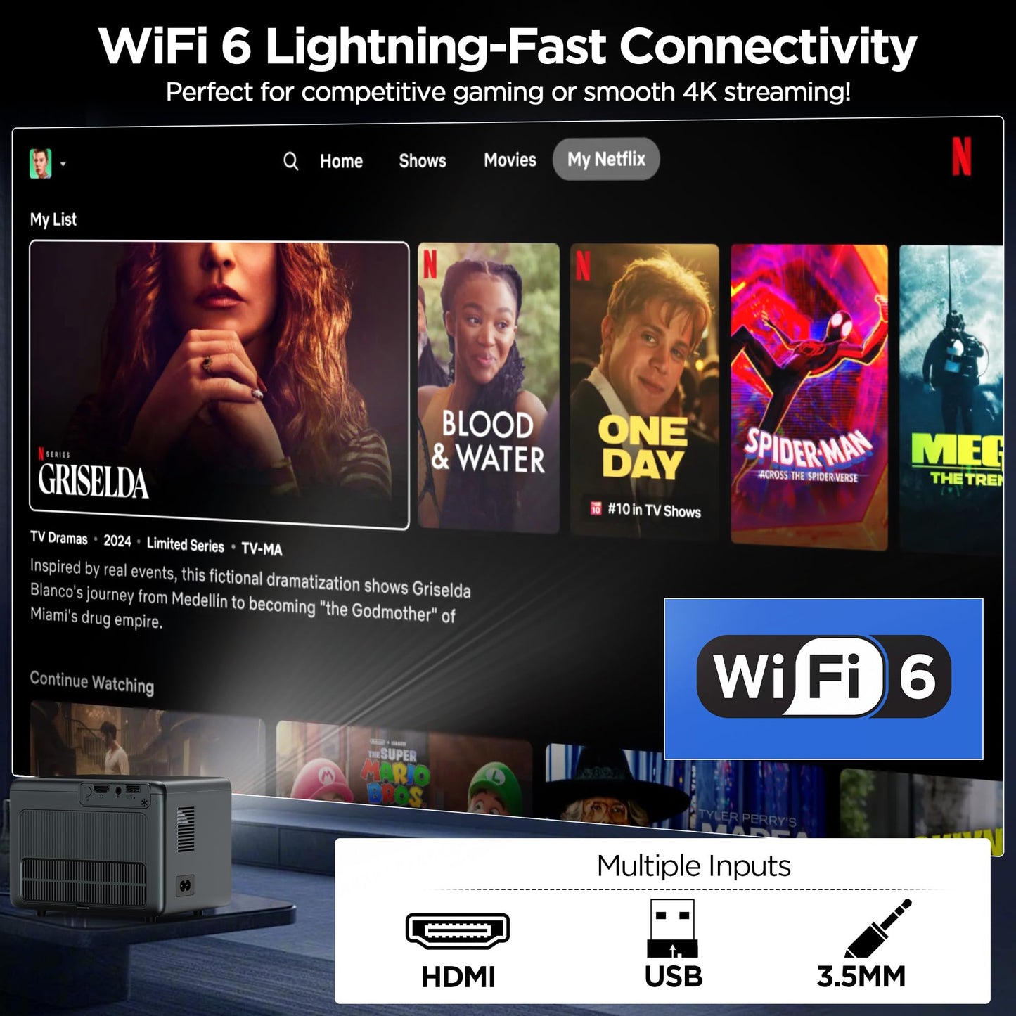 Netflix Licensed Projector 1080P Smart Mini Projector with WIFI & Bluetooth, Auto Focus & 6D Keystone, Dolby Audio, Portable Projector with TV Stick/HDMI/USB/Phone Input for Indoor Outdoor Movie