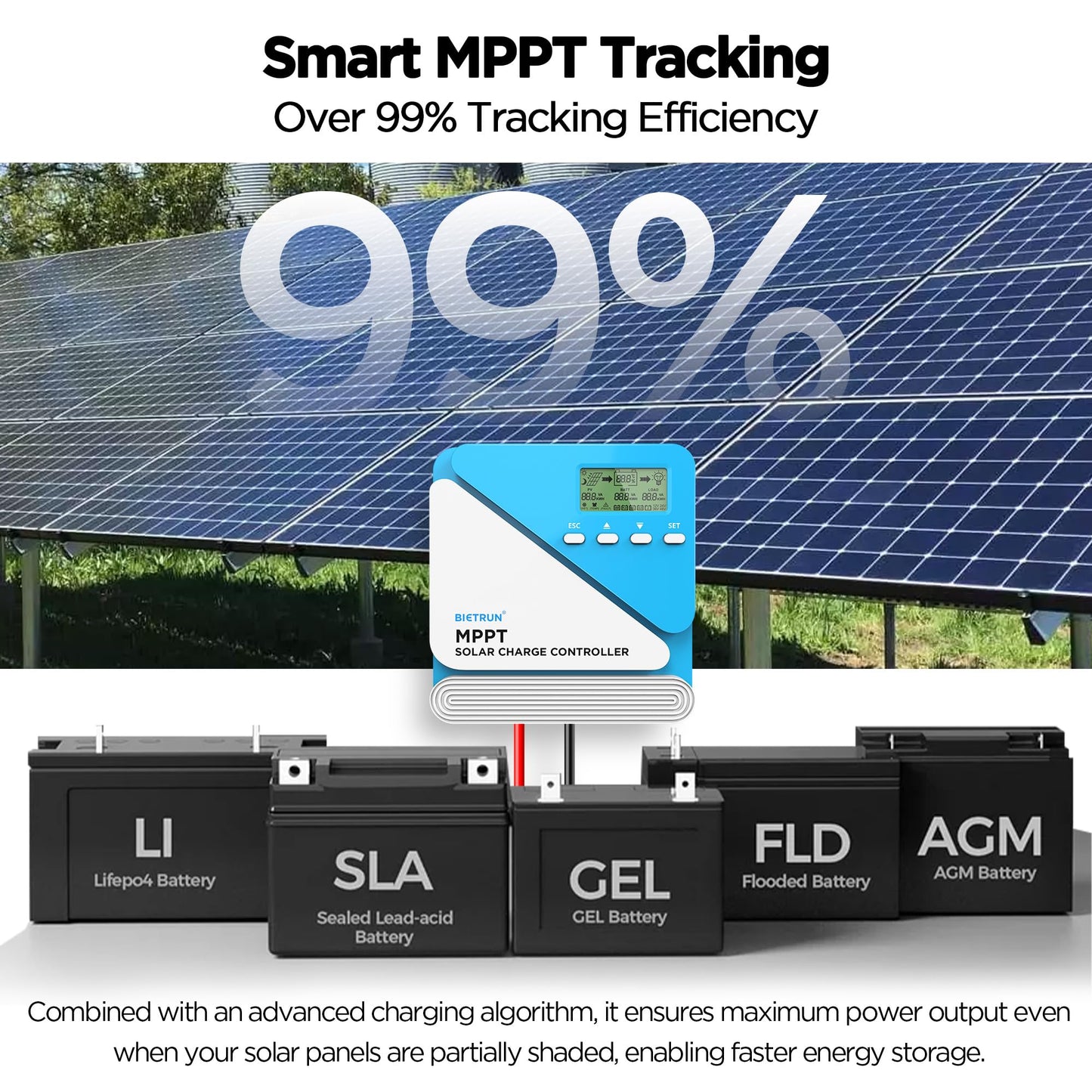30A 12V/24V MPPT Solar Charge Controller with Bluetooth&WiFi APP Control, Output Power 360W (12V)/620W (24V), Max PV Input 100V, for LiFePO4, SLD, Gel, FLD, AGM Battery, for Renogy, SunPower PV System