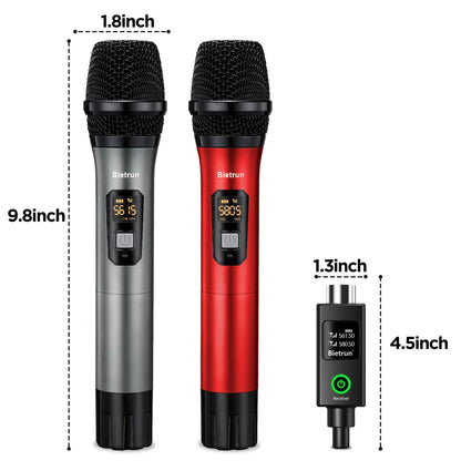 Bietrun XLR Wireless Microphone, UHF Dual Handheld Dynamic Metal Mic Set with XLR Rechargeable Receiver, XLR to 1/4'' Adapter, for Karaoke, Church, Wedding, Party Singing(160 ft Range)(Auto Connect)