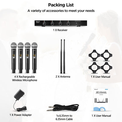 Bietrun 4-Channel Wireless Microphones System with 4 Handheld Mics, UHF Metal Dynamic Cordless Mics for Karaoke, Singing, Church, Family Theater(Auto Connect/295FT Range/Fixed Frequency), Black