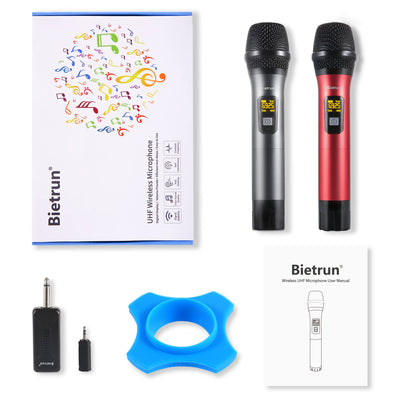 Bietrun Wireless Microphone, Professional UHF Metal Dual Handheld Cordless Dynamic Mic System Set with Rechargeable Receiver, 1/4‘’Output, Plug and Play, Instrument-Wireless-Mics for Karaoke, Wedding