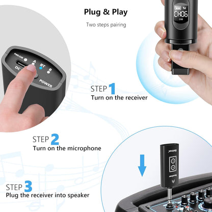 Bietrun Rechargeable Wireless Microphone, Dual Metal Cordless Handheld Dynamic Wireless Mics with 1/4'' Output for Karaoke, Meeting, Singing, Church, Wedding(UHF 240ft Range)(Receiver with Bluetooth)