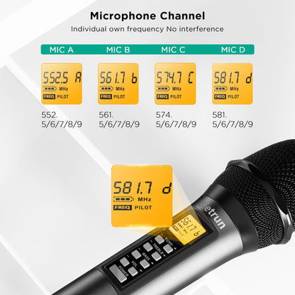 Bietrun 4 Channel Wireless Microphone with Echo/Treble/Bass, 160 ft UHF Range, 4 XLR+1/4‘’Output, Metal Cordless Handheld Dynamic Mics System for Wedding, Church, Karaoke, Singing, DJ(Auto Connect)