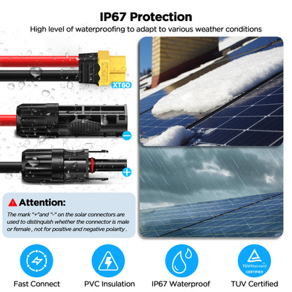 Mc4 to Xt60, 20FT Xt60 Connector Solar Charge Cable, 12AWG Pure Copper Solar Panel Mc4 to XT60 Extension Adapter Cable, Waterproof Connectors, for Solar Panel to Battery, RV, Portable Power Station