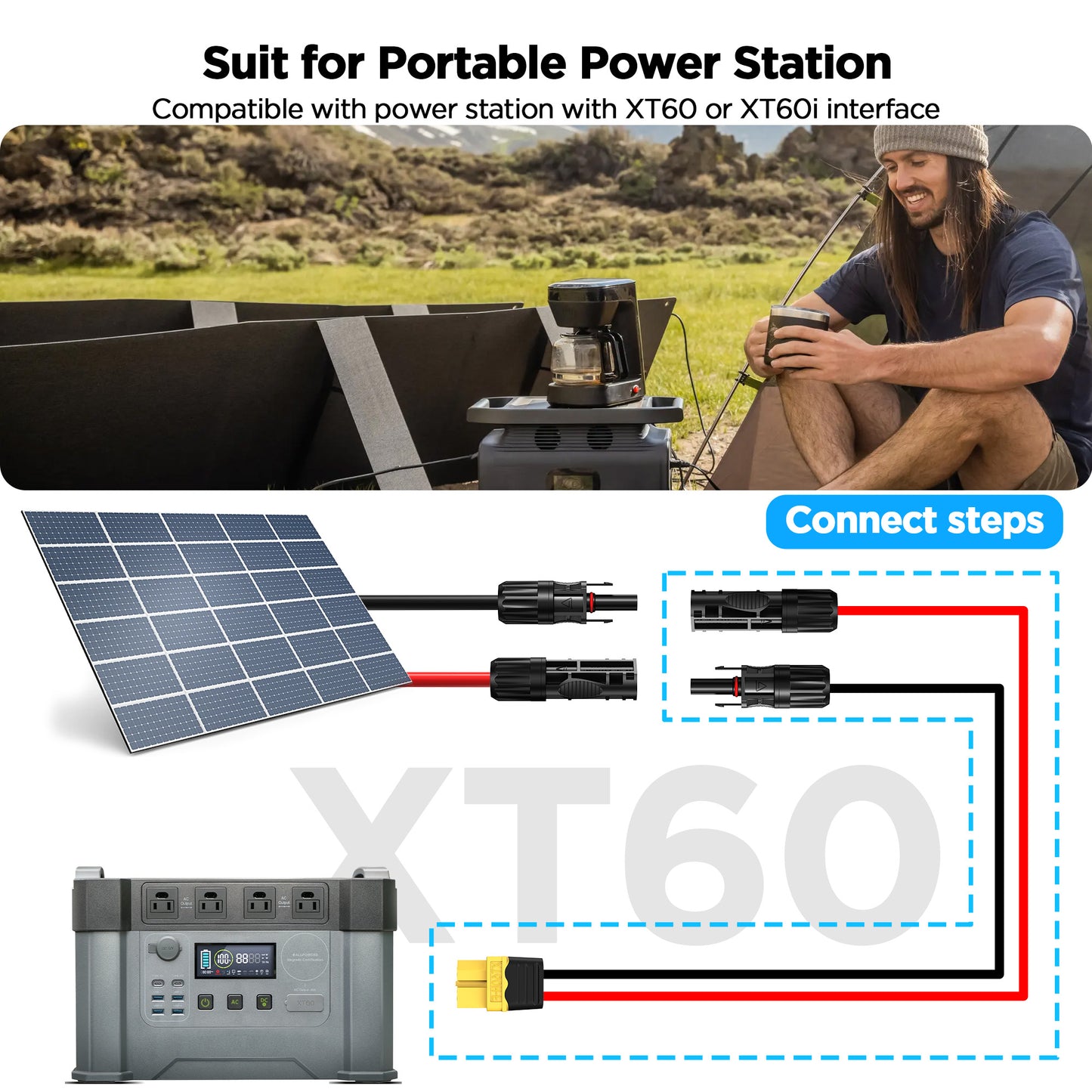 Mc4 to Xt60, 20FT Xt60 Connector Solar Charge Cable, 12AWG Pure Copper Solar Panel Mc4 to XT60 Extension Adapter Cable, Waterproof Connectors, for Solar Panel to Battery, RV, Portable Power Station