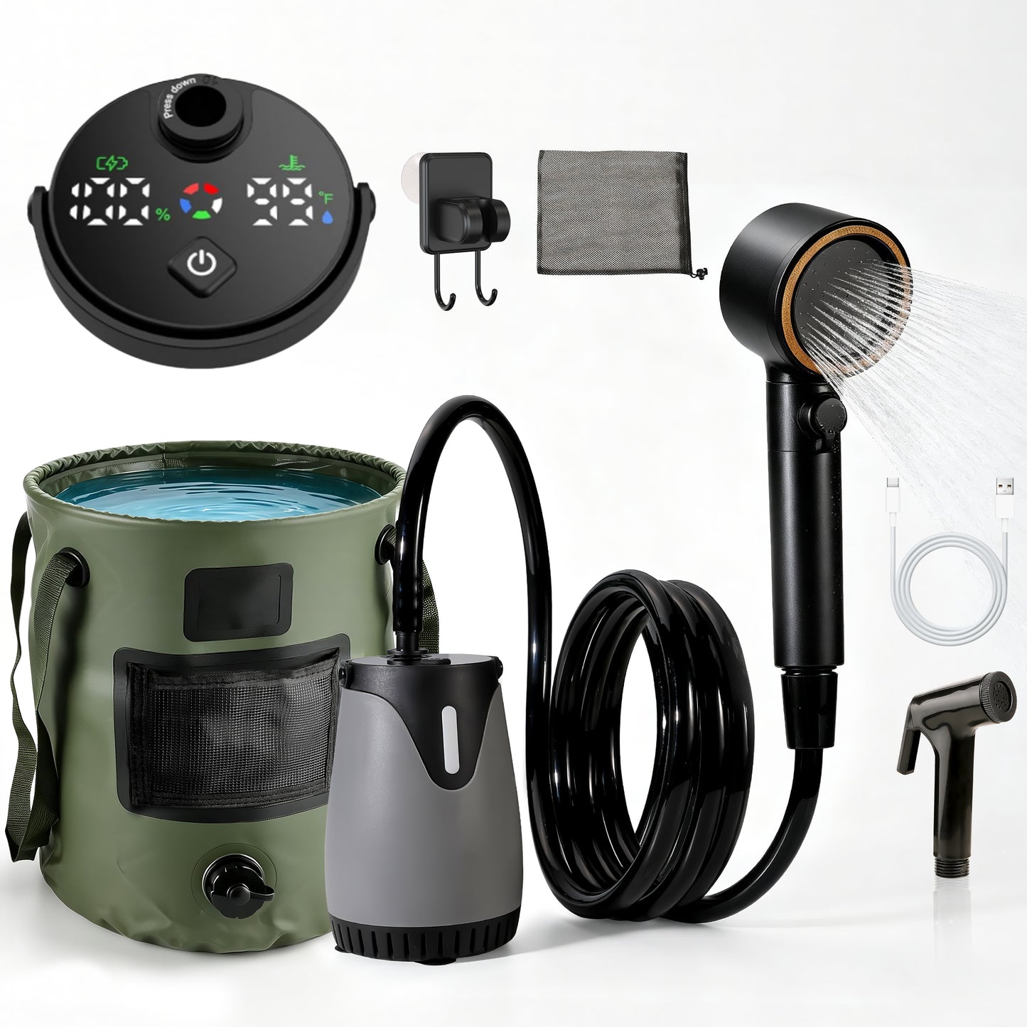 Camping Shower Kit with 6.6 Gal Foldable Bucket, 8000mAh Rechargeable Camp Shower Pump(Sustainable 13-Bucket Bath), 3-Mode Adjustable Shower Head, Portable Shower Kit for Travel, Camping, Pet, Car