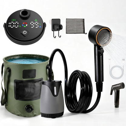 Camping Shower Kit with 6.6 Gal Foldable Bucket, 8000mAh Rechargeable Camp Shower Pump(Sustainable 13-Bucket Bath), 3-Mode Adjustable Shower Head, Portable Shower Kit for Travel, Camping, Pet, Car