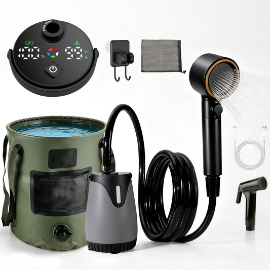 Camping Shower Kit with 6.6 Gal Foldable Bucket, 8000mAh Rechargeable Camp Shower Pump(Sustainable 13-Bucket Bath), 3-Mode Adjustable Shower Head, Portable Shower Kit for Travel, Camping, Pet, Car