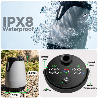 Camping Shower Kit with 6.6 Gal Foldable Bucket, 8000mAh Rechargeable Camp Shower Pump(Sustainable 13-Bucket Bath), 3-Mode Adjustable Shower Head, Portable Shower Kit for Travel, Camping, Pet, Car