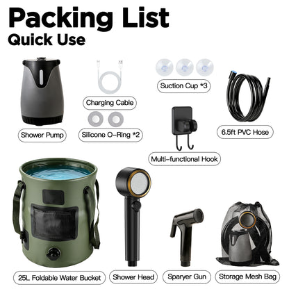 Camping Shower Kit with 6.6 Gal Foldable Bucket, 8000mAh Rechargeable Camp Shower Pump(Sustainable 13-Bucket Bath), 3-Mode Adjustable Shower Head, Portable Shower Kit for Travel, Camping, Pet, Car