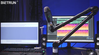 Bietrun Mic Arm Desk Mount(Longer)for Shure SM7B/MV7/Blue Yeti/Nano/Hyperx Quadcast, Adjustable 360° Rotatable Universal Heavy Duty Metal Mic Arm with 3/8" to 5/8" Adapter, Cable Trough, Headset Hook